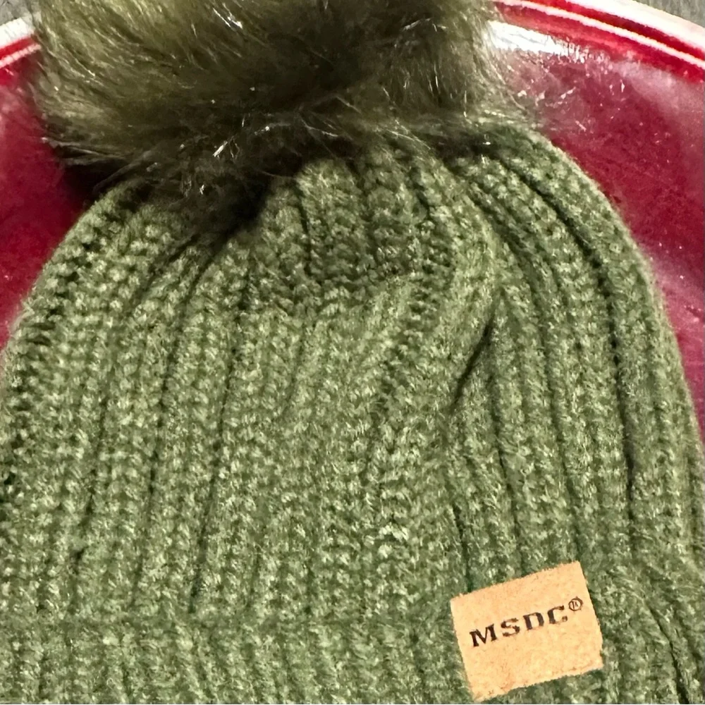 Brand New MSDC Women's Knit‎ Olive Green Beanie featuring a Playful Pom-Pom